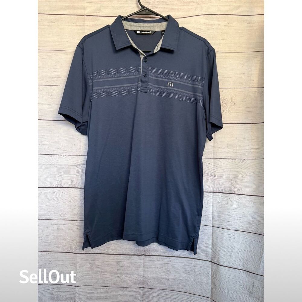 TravisMathew Men's Polo Shirt Navy Blue Chest Stripe Size Large Golf Style